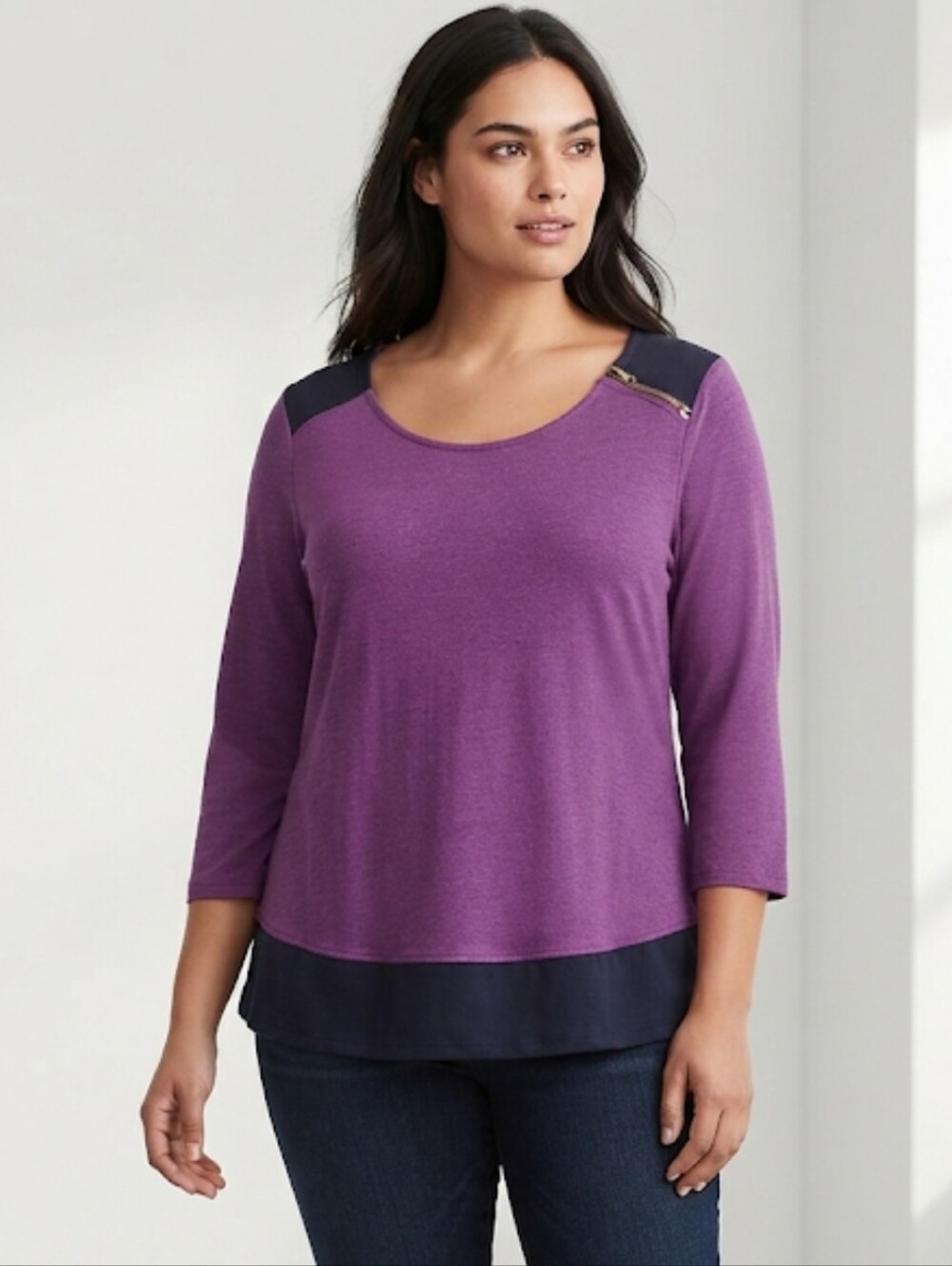 Merona Long Sleeve Pullover Shoulder Zipper Navy & Purple Size XXL (runs small)